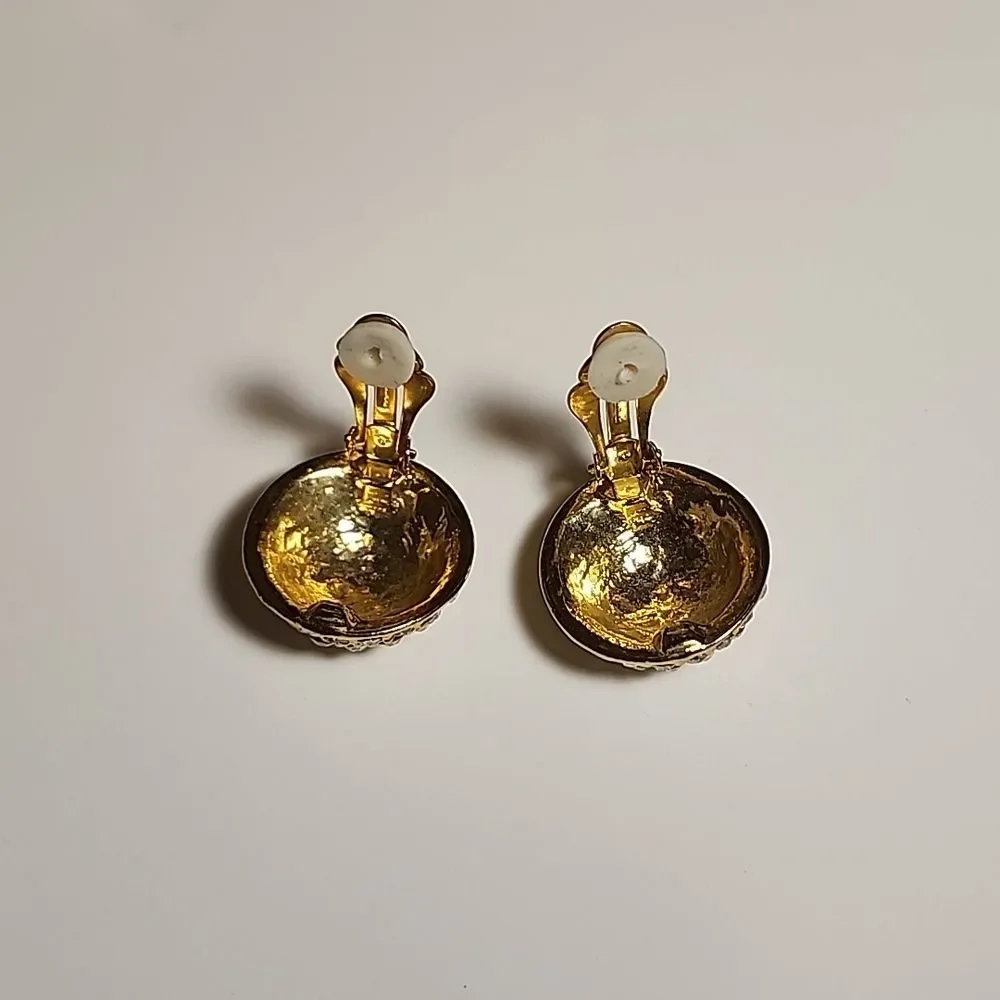 Goldtone faux diamond round dome vintage clip on earrings
